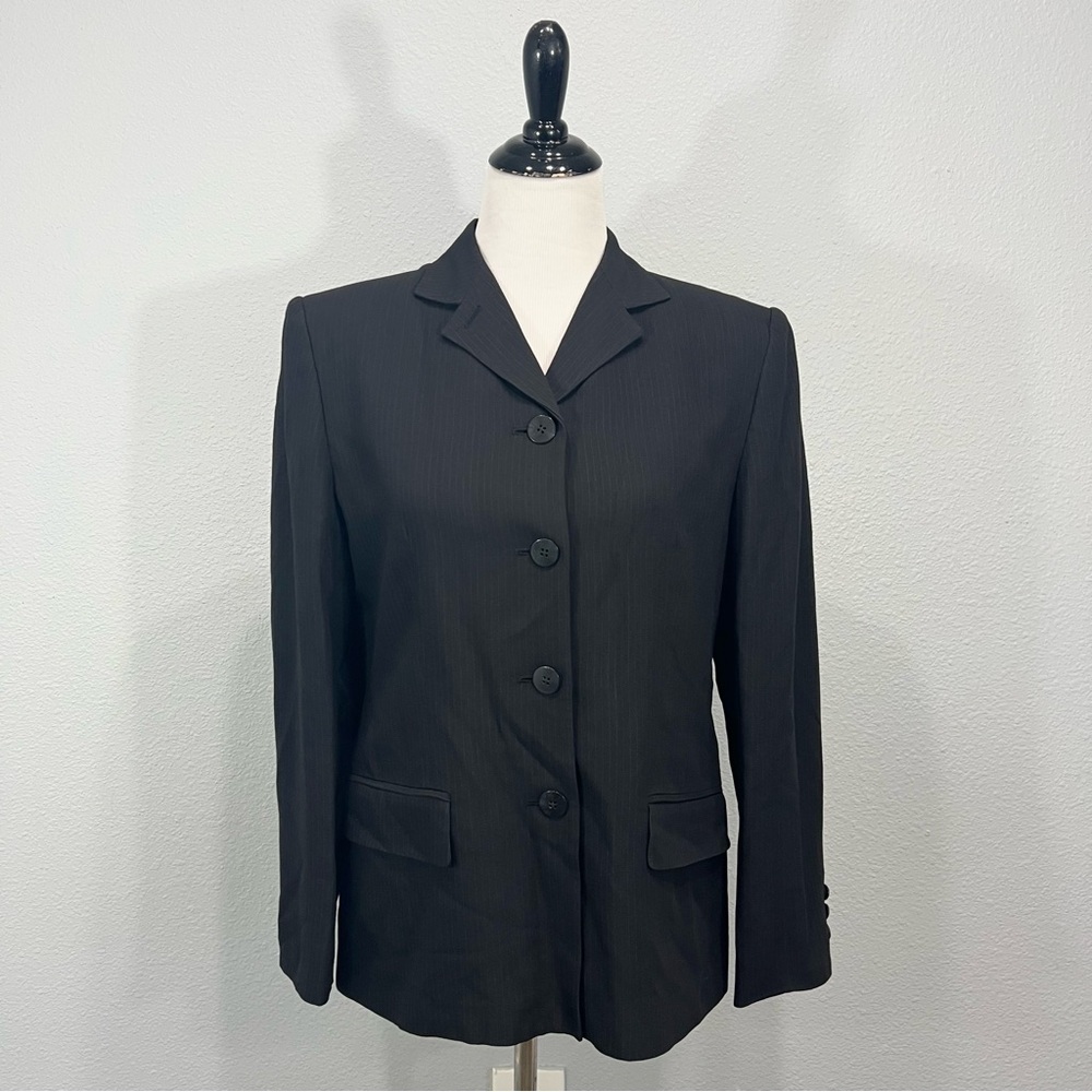Lauren Ralph Lauren Blazer Jacket Womens 8 Black Pinstripe Wool Blend Tailored